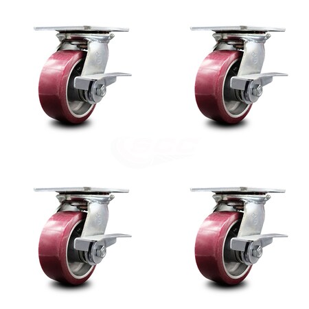Service Caster 5 Inch Heavy Duty Poly on Aluminum Caster Set with Roller Bearings and Brakes SCC-35S520-PAR-SLB-4